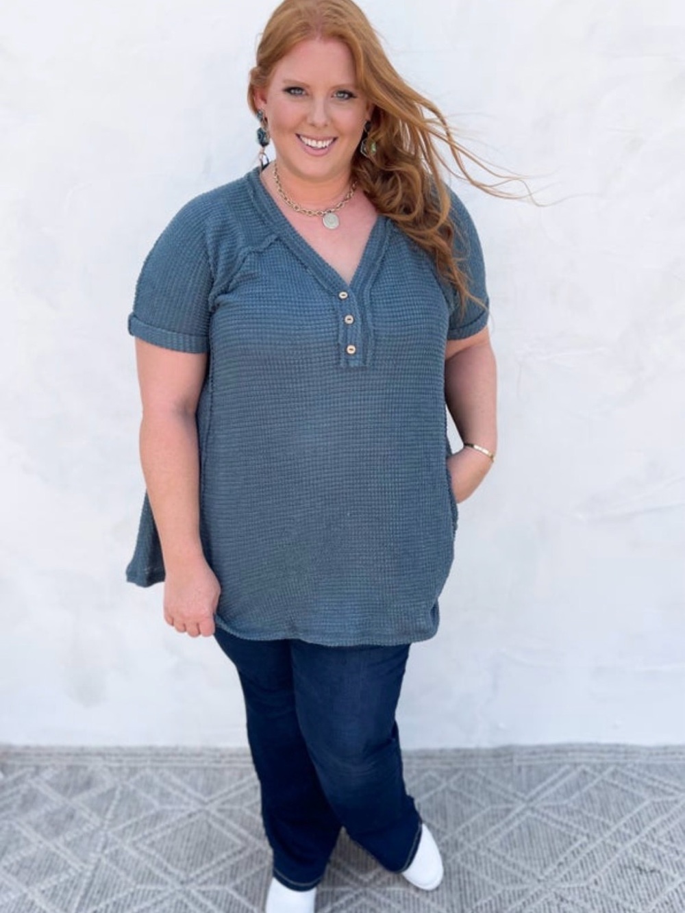 Plus Waffle-Knit Tunic Top in Slate Blue
